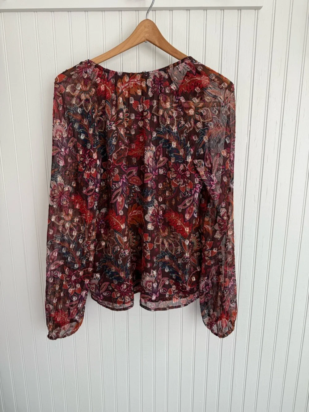 LOFT Floral Paisley V-Neck Long Sleeve Blouse with Jewel Tones Size S - Picture 3 of 5